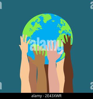 Groupe de mains humaines multiculturelles tenant et prenant soin de Vecteur isolé planète Terre Illustration de Vecteur
