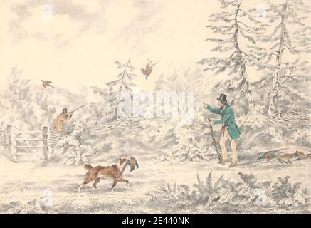 Henry Thomas Alken, 1785â€"1851, Britannique, Pheasant Shooting, non daté. Graphite et aquarelle sur épais, légèrement texturé, crème, papier vélin. Chien (animal) , clôture , forêt , porte , chasseurs , chasse , paysage , hommes , faisans , plantes , fusils de chasse , art sportif , arbres Banque D'Images