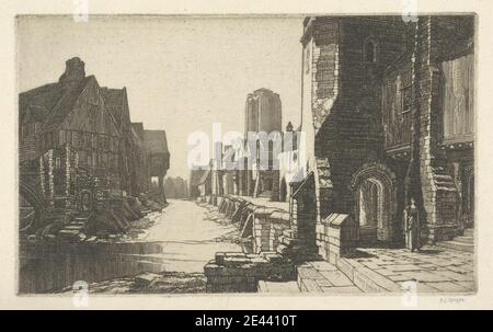 Frederick Landseer Maur Griggs, 1876-1938, British, The Ford, 1915. Arches , sujet architectural , banque , fenêtres de baie , pont (travail construit) , contreforts , chaussée , cheminées , église , paysage urbain , costume , portes , dormeur , gables , herbes , maisons , mousses , réflexion , rochers , toits , ruine , ombres , marches , pilotis , pierres , ruisseau , tour , tourelle , village , passerelle , murs , fenêtres , femme Banque D'Images