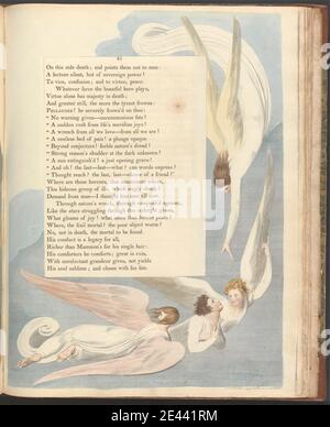 Imprimé par William Blake, 1757â€“1827, British, Young's Night Thoughts, page 41, One radiant Mark, The deathbed of the Just, ca. 1797. Gravure et gravure de ligne avec aquarelle sur papier de véve crème modérément épais, légèrement texturé. Anges , nuages , thème littéraire , texte , ailes Banque D'Images