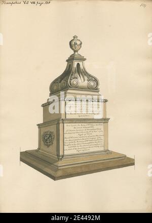 Attribué à Daniel Lysons, 1762–1834, Britannique, Vault of Helen and William Gates, Mme Helen Gardnor, M. Lewis Combrune et Mme Helen Combrune, entre 1796 et 1811. Plume et encre noire et aquarelle sur graphite sur papier vélin moyen, légèrement texturé, crème. Sujet architectural, église, mémorial. Angleterre , Grand Londres , Hampstead , Londres , Église St John-at-Hampstead , Royaume-Uni Banque D'Images