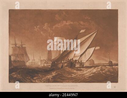 Gravé et gravé par Joseph Malbord William Turner, 1775â€"1851, British, entrée du port de Calais, 1816. Gravure et mezzotint, imprimé à l'encre brune épreuve d'Engraver (d) sur du papier crème, légèrement texturé, moyen. Banque D'Images