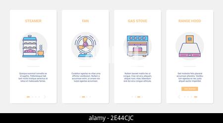 Illustration vectorielle de l'équipement domestique. UX, UI Onboarding mobile application page Screen Set avec appareils électriques de cuisine de ligne, cuiseur vapeur et cuisinière à gaz pour la cuisson des aliments, symboles de ventilateur de hotte de gamme Illustration de Vecteur