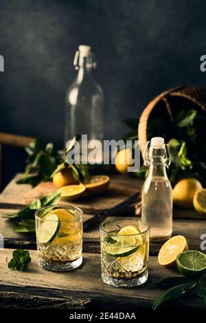 Eau rafraîchissante infusée avec des tranches de citron et de lime dans des verres placé sur une table en bois avec des branches de menthe fraîche Banque D'Images