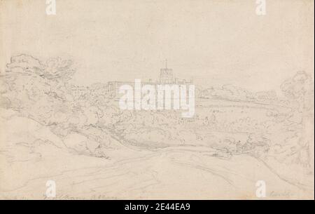 Henry Edridge, 1769â€"1821, British, St. Alban's Abbey, 1805. Graphite sur papier de couleur crème, moyennement texturé. abbaye , sujet architectural , église , forêt , colline , chemin , bois. Angleterre , Europe , Hertfordshire , Abbaye de Saint Alban , Royaume-Uni Banque D'Images