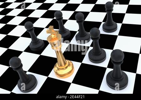 Roi d'or entouré de pions noirs - concept de piège d'échecs. Illustration de rendu 3D. Banque D'Images