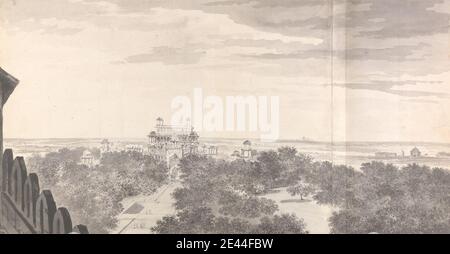 William Hodges, 1744–1797, Britannique, vue de la tombe de l'empereur Akbar à Secrundii (Sikandra) depuis le sommet de la porte extérieure, vers. 1783. Lavage gris, stylo et gris / encre noire et graphite sur deux morceaux de papier coulé joints, posés sur le support de lavage du XIXe siècle. Banque D'Images