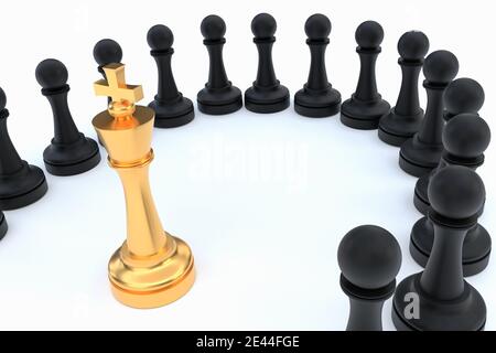 Roi d'or entouré de pions noirs - concept de piège d'échecs. Illustration de rendu 3D. Banque D'Images