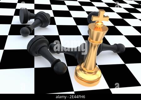 Roi d'or et beaucoup de pions tombés autour - concept de leadership d'échecs. Illustration de rendu 3D. Banque D'Images