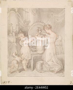 Edward Francis Burney, 1760â€“1848, British, Illustration pour- la nouvelle poupée: Untitled, 1826. Stylo et encre noire et lavage brun sur papier vélin moyen, légèrement texturé, crème. Chien (animal) , poupées , habillage , genre sujet , fille Banque D'Images