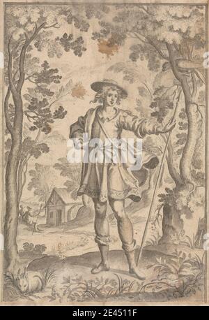 Francis Cleyn, 1582â€"1658, Allemand, UN chasseur tenant une lance dans un cadre de forêt, non daté. Craie noire, lavage gris, et graphite sur papier moyen, modérément texturé, crème. étude de figure , genre sujet , chasseur , lance , bois Banque D'Images