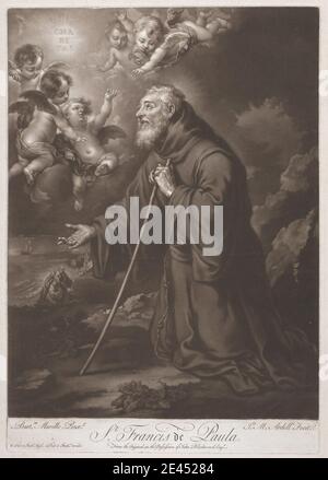 Imprimé réalisé par James McArdell, Californie 1729â€“1765, irlandais, St. Francis de Paula, non daté. Mezzotint sur du papier de medkium légèrement texturé et crème. Banque D'Images