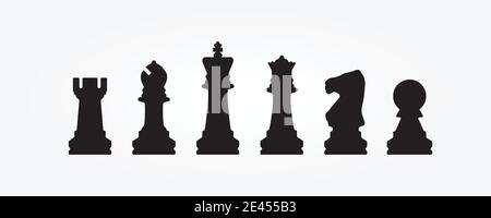 Ensemble de symboles d'échecs icône noire de 3 types : couleur, noir et blanc, contour. Symbole de vecteur isolé. Illustration de Vecteur