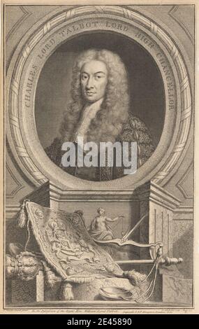 Imprimé par Jacobus Houbraken, 1698–1780, néerlandais, Charles Lord Talbot, Lord High Chancellor, 1739. Gravure en ligne sur du papier à la crème, légèrement texturé, de taille moyenne. Banque D'Images