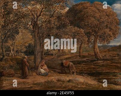 John Linnell, 1792-1882, British, le reste sur le vol en Égypte, ca. 1827. Huile sur panneau. Animal , automne , bébé , marron , canne , enfants , âne , sec , famille , père , maison , paysage , homme , mère , voyage , arbres , femme Banque D'Images