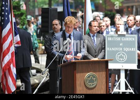 Le Prince Harry prononce son discours lors d'une désignation officielle du British Garden à Hanover Square à New York, NY, USA, le 29 mai 2009. Le Prince Harry effectue un voyage officiel de 36 heures à New York jusqu'au samedi après-midi. Aujourd'hui, vendredi, il paie son respect à Ground Zero, en nommant le British Garden et en visitant l'hôpital d'un ancien combattant. Photo de S.Vlasic ABACAPRESS.COM (photo : Prince Harry) Banque D'Images