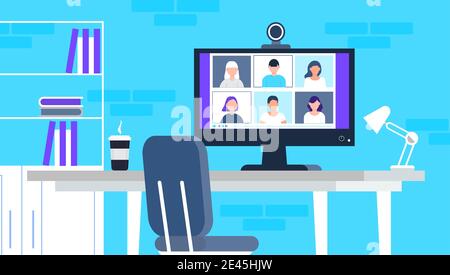 La classe d'école à distance étudie. Vecteur de concept de conférence par appel vidéo. Distanciation sociale pendant la quarantaine. Illustration du cours en ligne de l'université Illustration de Vecteur