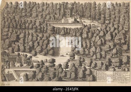 Imprimé par Michael van der Gucht, 1660â€"1725, flamand, A View of Boscobel House & the White Ladies, avec le Bois où le roi Charles II s'est caché après la bataille de Worcester, sans date. Gravure sur papier crème, légèrement texturé, moyen. Banque D'Images