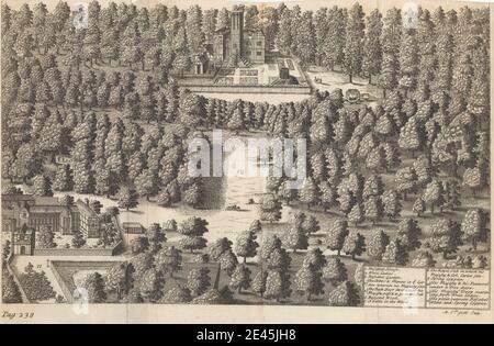 Imprimé par Michael van der Gucht, 1660â€"1725, flamand, A View of Boscobel House & the White Ladies, avec le Bois où le roi Charles II s'est caché après la bataille de Worcester, sans date. Gravure sur papier crème, légèrement texturé, moyen. Banque D'Images