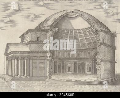 Imprimé par un artiste inconnu, XVIe siècle, Panthei Fidelissime Dimensi Exterior et Interior, 1553. Gravure et gravure en ligne sur papier fin, légèrement texturé, crème. Sujet architectural , église , paysage urbain , coupe transversale , oculus , temple. Europe , Italie , Latium , Panthéon (Rome) , Rome Banque D'Images