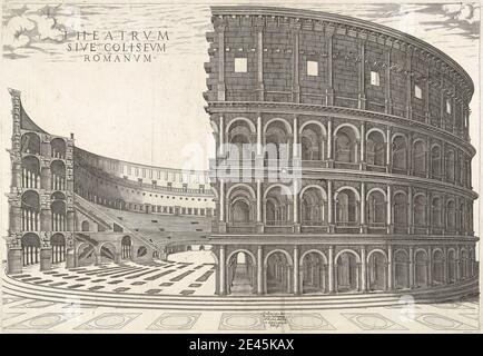 Imprimé par un artiste inconnu, XVIe siècle, Theatrum Sive Coliseum Romanum, 1581. Gravure en ligne sur du papier à la crème, légèrement texturé, de taille moyenne. Banque D'Images