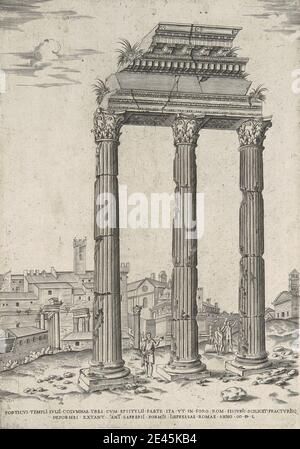 Imprimé par un artiste inconnu, XVIe siècle, Porticus Templi Iulii Columnae Tres, 1550. Gravure en ligne sur du papier à la crème, légèrement texturé, de taille moyenne. Banque D'Images