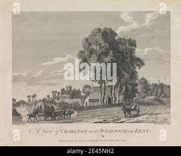 Imprimé par Michael Angelo Rooker, 1746 – 1801, British, A View of Charlton, près de Woolwich, Kent, 1775. Gravure en ligne sur papier à la crème, moyennement texturé. Vaches , fermes , agriculture , fermes , champs , chevaux (animaux) , bétail Banque D'Images