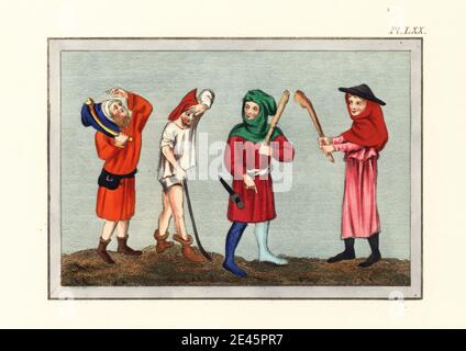 Rustiques etc du XIVe siècle. Homme avec un cudgel de Guyart des Moulins Bible historiale, Royal MS 15 B iii, homme en short caleçons et bottes et homme en flexible de couleur parti avec cudgel et poignard F.60 de Chroniques de France ou de St Denis, Royal MS 20 C VII, Et homme en chapeau, cagoule et tunique avec cudgel de Matfre Ermengaud Breviari d'Amor, Royal MS 19 C i. Gravure faite à la main par Joseph Strutt de sa vue complète de la robe et des habitudes du peuple d'Angleterre, Henry Bohn, Londres, 1842. Banque D'Images
