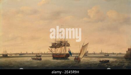 Francis Holman, 1760â€"1790, British, The Frigate 'Surprise' at Anchor Off Great Yarmouth, Norfolk, CA. 1775. Huile sur toile. Ancre , bateaux , brigantine , frégate , port , brigades hermaphrodites , bateaux à longue longueur , luggeurs , océan , port , voiles , mer , navires , boucles (voiliers) , bateaux à pont carré. Angleterre , Great Yarmouth , Norfolk , Royaume-Uni Banque D'Images