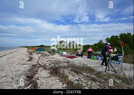 Parc national des Everglades, Floride 01-14-21 en hiver, les jeunes adultes peuvent camper sur la plage de Middle Cape sable, dans l'arrière-pays des Everglades. Banque D'Images