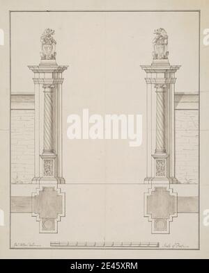 James Allen, actif du XVIIIe siècle, British, plans pour Hinton St. George: Design pour la porte avec les Lions héraldiques, non daté. Stylo et encre noire et laver sur papier légèrement texturé, moyen, crème avec deux marques de pliage échelle de barre de 1/2 pouces à 1 pied. Sujet architectural , design , passerelle , héraldique , lions , plans. Angleterre , Europe , Hinton St George , Somerset , Royaume-Uni Banque D'Images