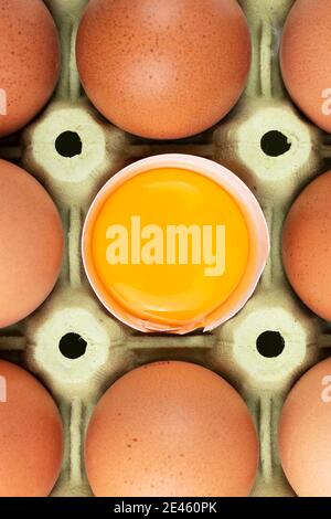 Un paquet d'œufs de poulet bio avec un frais cru jaune d'œuf dans une coquille d'œuf cassée Banque D'Images