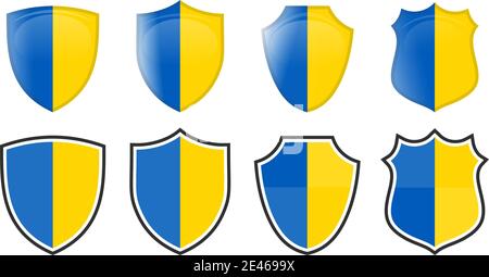 Drapeau vertical de l'Ukraine en forme de bouclier, quatre versions 3d et simples. Icône / signe ukrainien Illustration de Vecteur