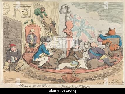 James Gillray, 1757–1815, British, A Block for the Whigs - Or, The New State Whirligig (Poor John Bulls House pillé à Noon Day), 1783. Gravure avec coloration à la main à l'aquarelle. Banque D'Images