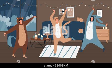 Personnes sur la fête de pyjama dans l'intérieur de la maison illustration vectorielle. Caricature de jeunes femmes personnages portant un drôle de costume d'animal onesie, célébrant la fête de pyjama d'Halloween, heureux scène de célébration arrière-plan Illustration de Vecteur