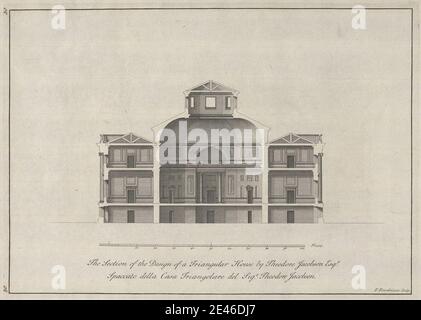 Paul Fourdrinier, Français, la Section de la conception d'une Maison triangulaire par Theodore Jacobsen Esqr, non daté. Gravure sur papier crème modérément épais, légèrement texturé. Arches , dessin architectural , sujet architectural , colonnes , coupe transversale , coupole , design , élévation (dessin) , maison , mesure , néo-classique , pediments , plan (dessin) , reliefs , échelle (règle) , statues , triangulaire , fenêtres Banque D'Images