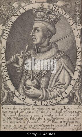 Renold Elstrack, 1570â€"1625(?), British, Henry V, 1618 ou 1628. Gravure en ligne sur support, légèrement texturé, papier beige, posé sur le support. brocade , cartouche , blason , collier , costume , cimier , couronnes , broderie , fourrure , illustration , bijoux , roi (personne) , lion , collier de remise , homme , orbe , ovale , portrait , profil (figure) , robe , royauté , épée. Henry V (1386â€"1422), roi d'Angleterre et seigneur d'Irlande, et duc d'Aquitaine Banque D'Images