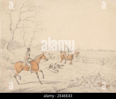 Peut-être Henry Thomas Alken, 1785â€"1851, Britannique, dessin discret, non daté. Graphite et aquarelle sur moyen, légèrement texturé, crème, papier vélin. Chiens (animaux) , clôture , renard (animal) , chasse au renard , cavaliers , équitation , chevaux (animaux) , chiens (chiens) , chasse , chasseurs , chasse , paysage , bois , hommes , plantes , art sportif , arbres Banque D'Images