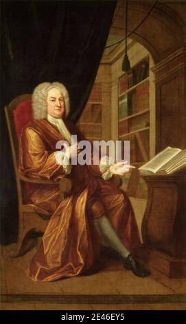 John Smithbert, 1688–1751, britannique, actif en Amérique (à partir de 1728), Benjamin Moreland, High Master of St. Paul's School, 1724. Huile sur toile. Boucles , costume , cravat , rideau , Georgian , geste , chef , savoir , bibliothèque , homme , portrait , lecture , robes , volants , érudit , école , étagères , professeur , enseignement , perruque . Moreland, Benjamin Banque D'Images