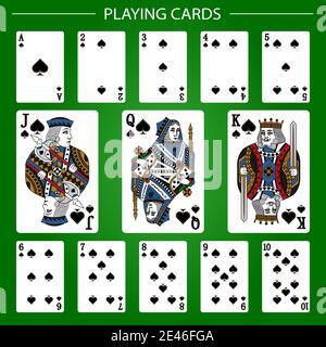 Jouer des cartes de Spades suit sur un fond vert. Illustration vectorielle. Conception originale. Illustration de Vecteur