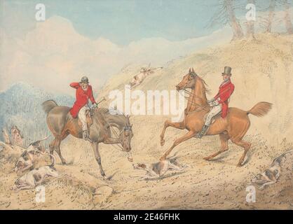 Henry Thomas Alken, 1785â€"1851, Britannique, le Huntsman et un Rider encourageant les Hounds, non daté. Graphite et aquarelle sur moyen, légèrement texturé, crème, papier vélin. Chiens (animaux) , collines , cavaliers , équitation , chevaux (animaux) , chiens (chiens) , chasse , chasseurs , chasse , paysage , bois , hommes , montagne , art sportif , arbres Banque D'Images