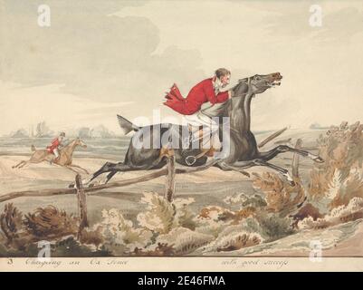 Henry Thomas Alken, 1785â€"1851, Anglais, chevaux qualifiés et non qualifiés Riders: 'Charger une clôture Ox avec un bon succès', non daté. Aquarelle, stylo et encre noire, encre brune, et graphite sur papier vélin, légèrement texturé, blanc bleui. Buissons , clôture , champ , cavaliers , équitation , chevaux (animaux) , chasse , chasseurs , chasse , saut , paysage , hommes , art sportif Banque D'Images