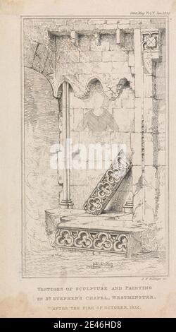 Imprimé par Robert William Billings, 1813-1874, British, vestiges de Sculpture et de peinture dans la chapelle Saint-Étienne, Westminster, 1836. Gravure en ligne sur papier blanc, lisse, d'épaisseur moyenne. Sujet architectural , église , vue intérieure , ruines. Cité de Westminster , Angleterre , Chambre des communes , Londres , Palais de Westminster , Chapelle Saint-Étienne, Palais de Westminster , Royaume-Uni Banque D'Images