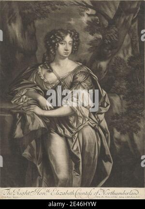 Imprimé par Alexander Browne, actif 1659â€“1706, British, la très honorable Elizabeth, comtesse de Northumberland, entre 1681 et 1685. Mezzotint sur papier peint moyen, légèrement texturé, crème. Boucle , costume , comtesse , boucles , robe , robe , noblesse , portrait , arbres , femme. Wriothesley, Elizabeth (1646-1690), comtesse de Northumberland Banque D'Images