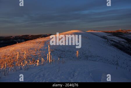 Un bel hiver dans les Beskids de Silésie. Malinowska Skala - un pic tropical dans la crête principale de la Barania Gora dans le Silesian Beskids in Banque D'Images