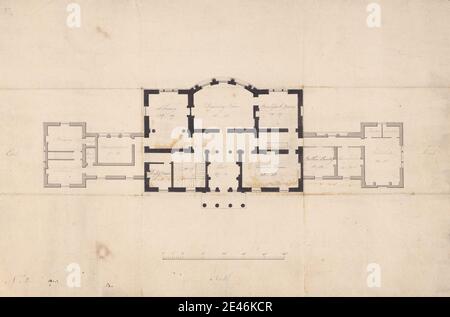 Thomas Harrison, 1744–1829, British, Design for Clifton Castle, Yorkshire : Plan du rez-de-chaussée, non daté. Lavage gris et vert avec stylo et encre noire sur graphite; lavage gris avec stylo et encre noire sur graphite sur papier vélin légèrement texturé, moyen, crème. Sujet architectural Banque D'Images