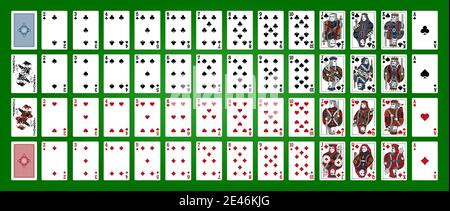 Jeu de poker avec cartes isolées sur fond vert. Cartes de poker, jeu complet. Illustration de Vecteur