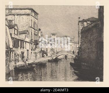 Lucien Marcelin Gautier, 1850-1925, Français, Canal vénitien, env. 1880. Gravure sur papier crème modérément épais, légèrement texturé. Sujet architectural , fenêtre à auvent , bateaux , pont (travaux de construction) , bâtiments , canal , façades , gondoles , gondoliers , maisons , gens , punts , réflexions , eau salée , ombres , magasins , escaliers , marche. Europe , Italie , Vénétie , Venise , Venise Banque D'Images