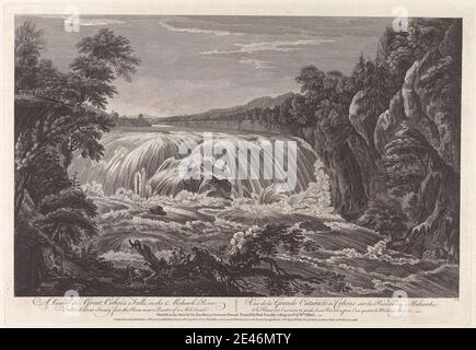 Imprimé par William Elliot, actif en 1774, décédé en 1792, British, A View of the Great Cohoes Falls, on the Mohawk River, 1768. Gravure et gravure au trait sur du papier à la crème, moyennement texturé. Banque D'Images