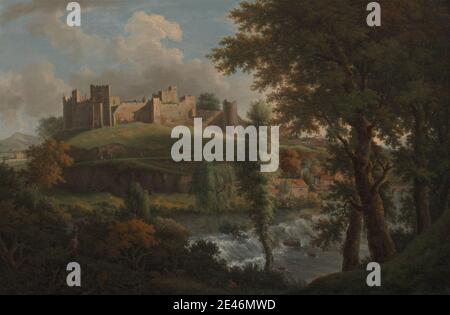 Samuel Scott, 1701/2â€"1772, British, Ludlow Castle avec Dinham Weir, du Sud-Ouest, 1765 à 1769. Sujet architectural , bâtiments , château , collines , maisons , paysage , homme , rivière , fumée , cascade , déversoir , déversoirs. Angleterre , Ludlow , Shropshire , Teme , Royaume-Uni Banque D'Images